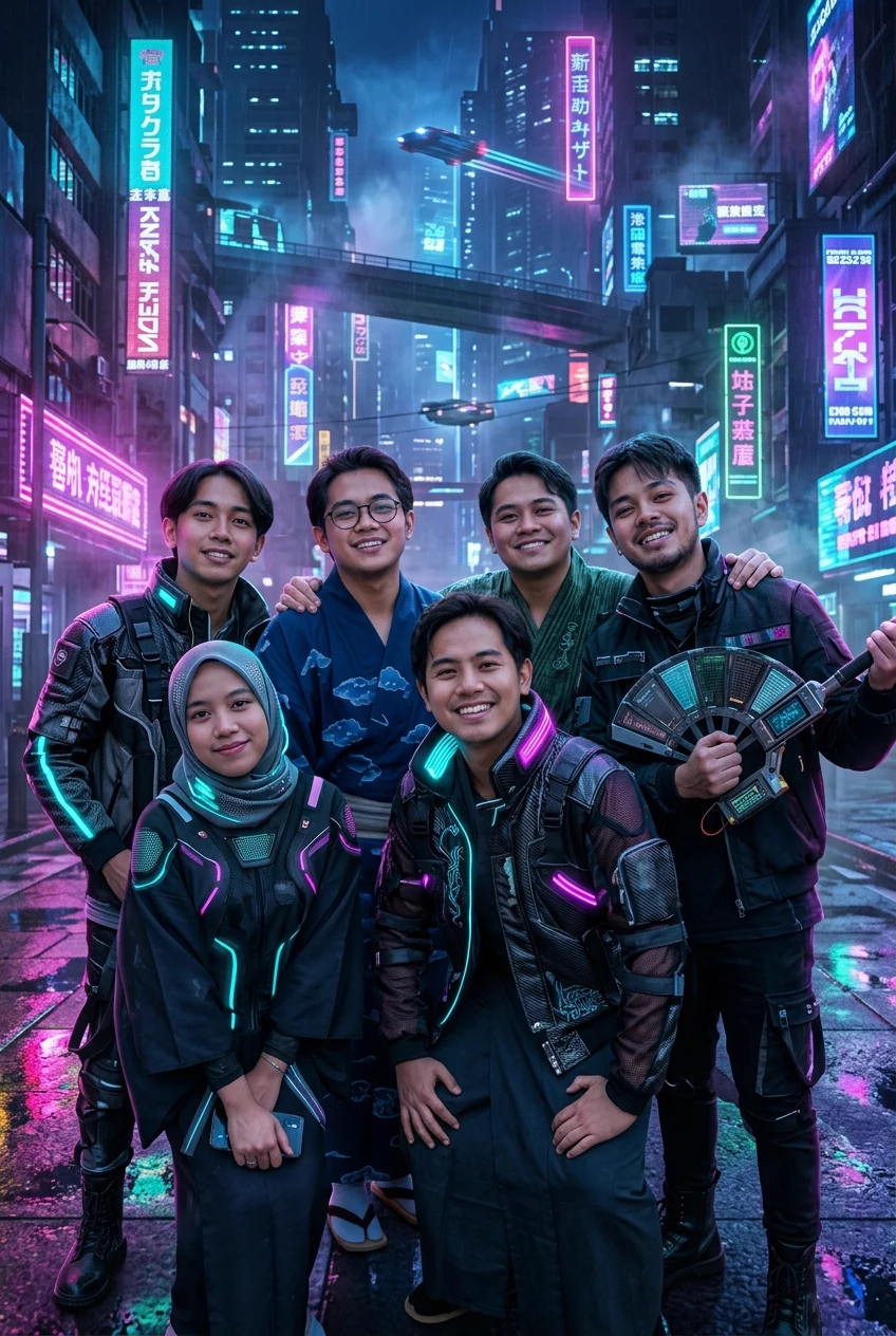 Guests transformed into a neon cyberpunk event scene with Partylabs AI