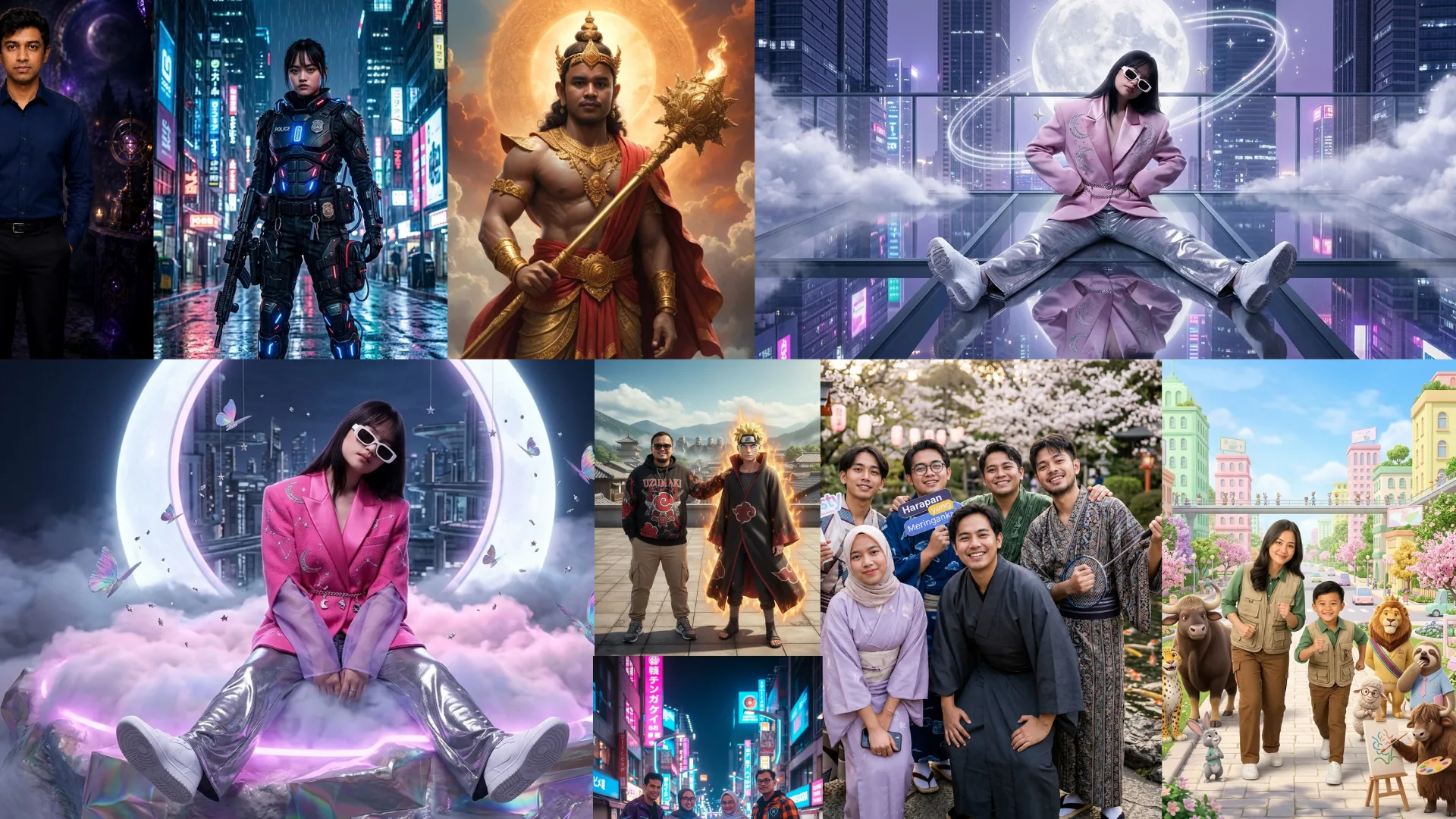 Collage of event photography samples, AI portraits, and branded visuals