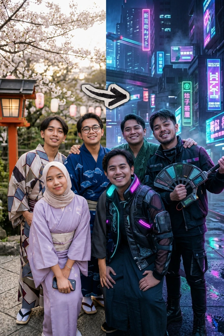 Before-and-after themed group portrait